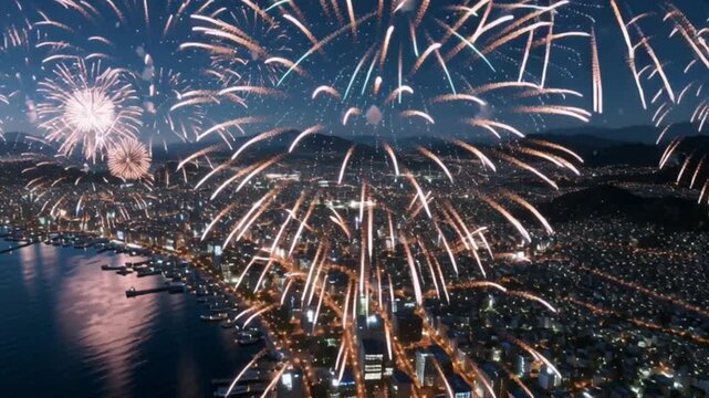 日本東京の花火大会　上空からドローン撮影