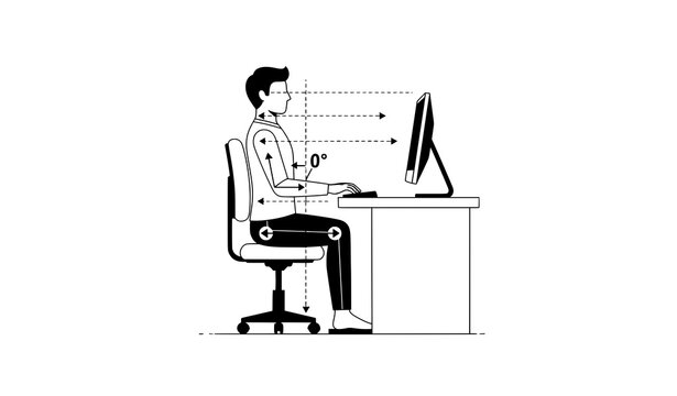 Correct office sitting posture body alignment guide working on computer vector