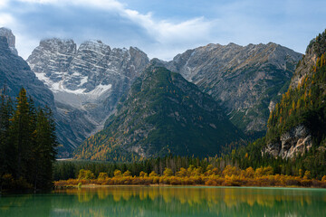 The photo specular landscape of lake di landro at dolomite in Italy