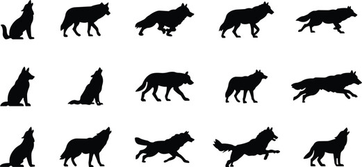 Wolf Silhouette Black Flat Style Vector Icon Set, Wild Animal Symbol Collection and Nature Outline Graphic Group Featuring Wolf, Canine and Predator Poses © AbdulJabbar