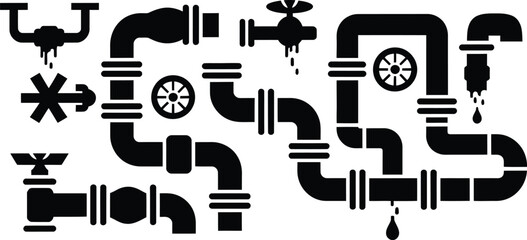 Industrial Plumbing Pipe and Valve Silhouette Vector Icon Set