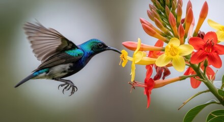 Fototapeta premium A hummingbird hovering near a flower, feeding on nectar. The bird is vibrant with blue and green feathers, and the flower is red with yellow accents. 