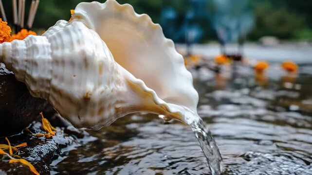 Close Up Of A Large White Conch Shell Pouring Water With Orange Marigold Flowers And Incense Sticks In The Background During A Religious Ceremony