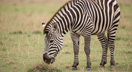 Naklejka premium A zebra grazing in a grassy savanna.