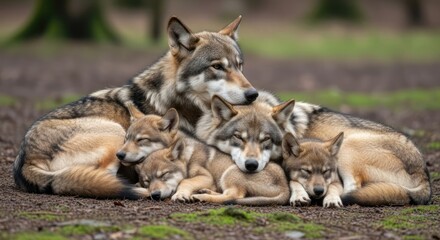 A family of wolves resting together in a natural setting.
