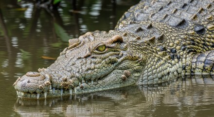 Fototapeta premium A crocodile partially submerged in water, with its head and upper body visible. The crocodile's eyes are open, and its mouth is slightly open, revealing sharp teeth. 