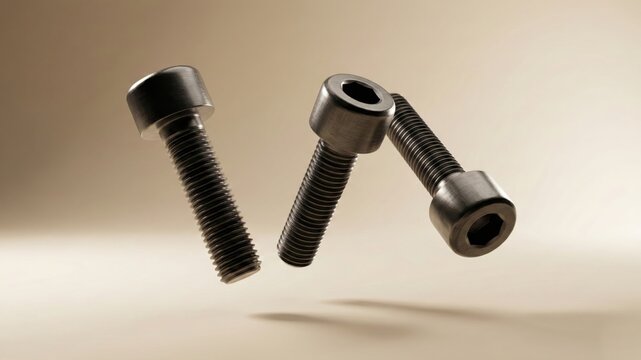 Three industrial metal socket head bolts floating in mid-air against a beige background with soft shadows.