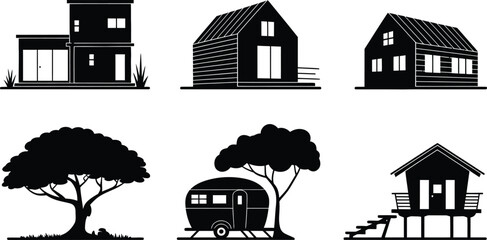 Obraz premium Modern House and Nature Silhouette Vector Icon Set