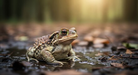 Obraz premium A frog sits in a forest clearing, surrounded by fallen leaves and damp ground, with a blurred background of trees and sunlight filtering through the foliage.