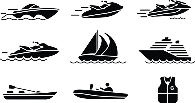 Marine Watercraft and Nautical Vessel Silhouette Icons Set, vector illustration