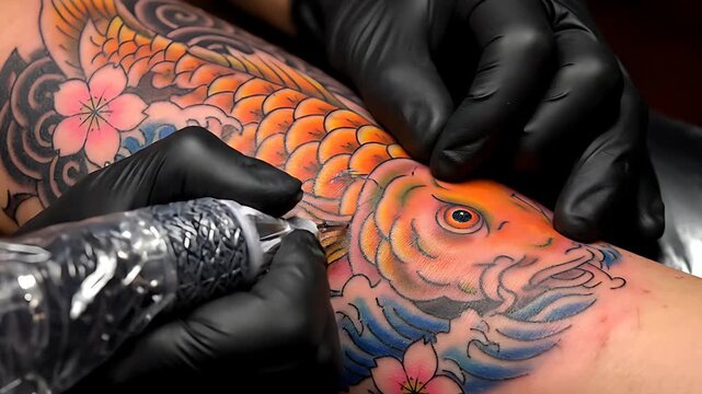 Professional tattoo artist meticulously applies vibrant orange and blue coloring to a detailed koi fish design using modern equipment.