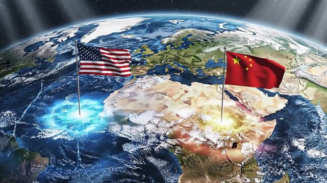 US And China Global Influence Territorial Conflict, Cinematic global geopolitical video illustrating territorial and influence conflict between the United States and China. Strategic visuals, global 