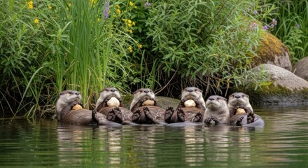 A group of otters with food in a natural pond setting.