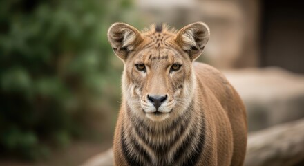 Obraz premium A close-up portrait of a lioness with a focused expression, set against a blurred natural background.
