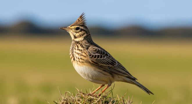 A solitary meadowlark perched on a grassy mound, with a blurred green field in the background.