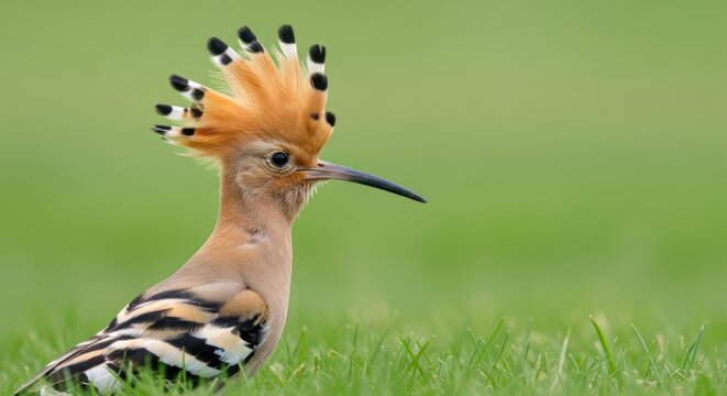 A hoopoe bird with a distinctive crest sitting in a grassy field.