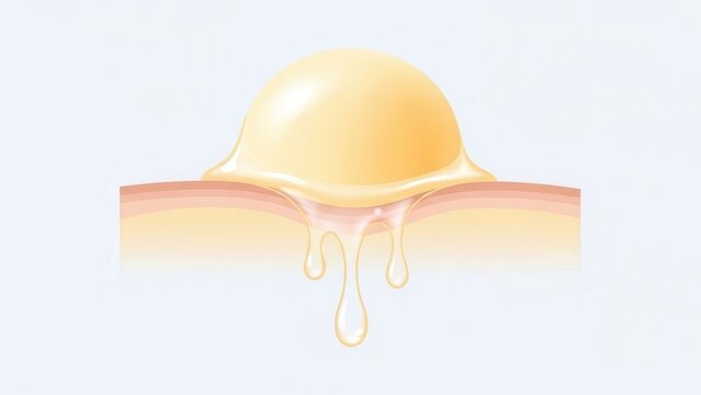 Abstract visualization of a dermal sac releasing fluid highlighting cellular interaction and skin