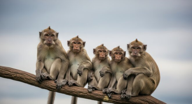 Five monkeys sitting on a rope, with a cloudy sky in the background.