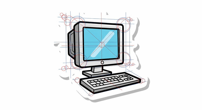 Drafting sketch of old desktop computer showing construction lines and red circles for design proportions and geometry