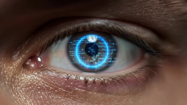 Futuristic human eye with a glowing blue iris displaying a technology hologram.