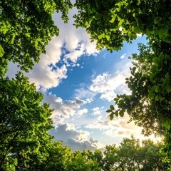 Sunlit blue sky peek-a-boo through dense green foliage. Clouds drift in the distance. Bottom-up perspective
