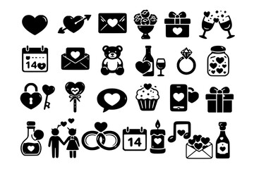 Obraz premium A collection of black silhouette icons representing love, romance, and Valentine's Day celebrations, including hearts, gifts, and couples.