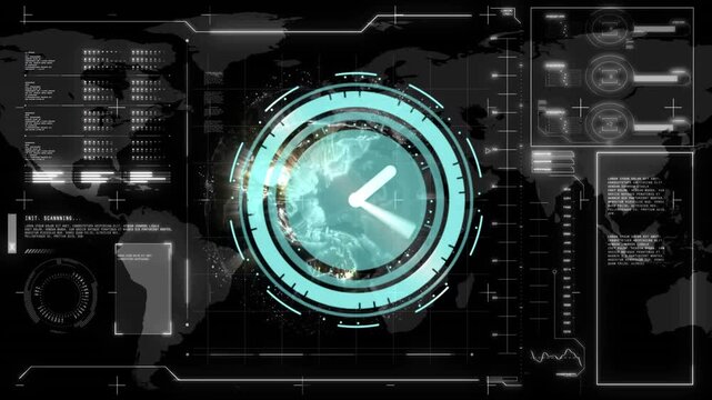 Animation of clock over digital interface on dark background