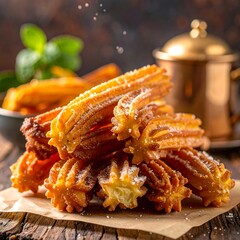 Stack of golden-brown churros dusted with powdered sugar rests on rustic wood, with a blurred bronze pot in the background