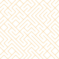 Abstract geometric maze pattern with thin orange lines on white background.