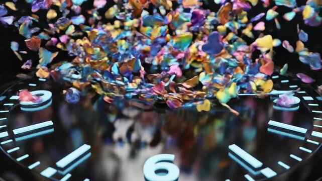 Exploding Clock Face with Colorful Hearts and Confetti - Time Flies Concept