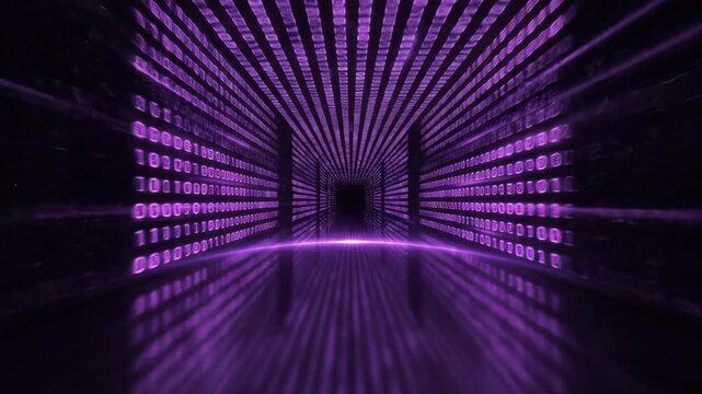 Abstract purple binary code data stream tunnel structure with motion blur and glowing light reflections, concept for blockchain technology, network security and virtual reality backgrounds