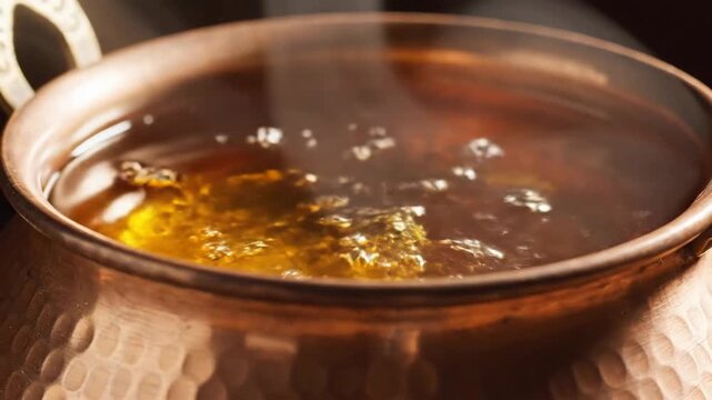 Close up of rich amber liquid bubbling in a hammered copper pot with steam rising in soft warm light creating a cozy atmosphere