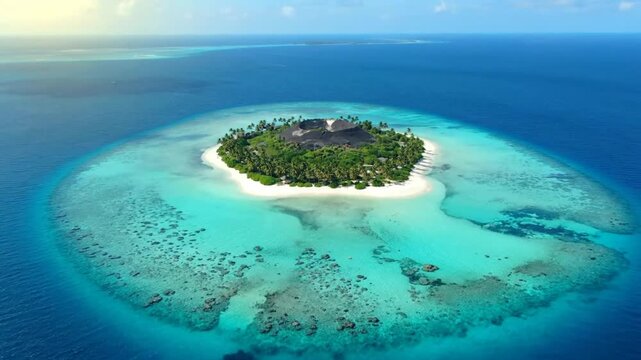 Aerial view of a secluded tropical island in the ocean with lush greenery, white sand, and coral reef
