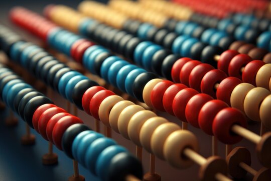 Wooden abacus with colorful beads showing traditional calculation method, representing accounting, finance, and mathematics
