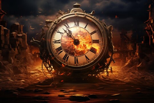 Large antique clock burning at midnight in destroyed city, symbolizing end of time, danger, and destruction
