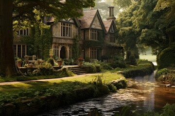 Obraz premium Scenic view of a luxurious stone house nestled in a beautiful garden by a tranquil river, creating a peaceful and idyllic setting