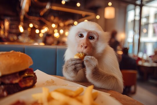 A monkey with white fur sitting inside a restaurant, eating a burger with bacon and a side of fries
