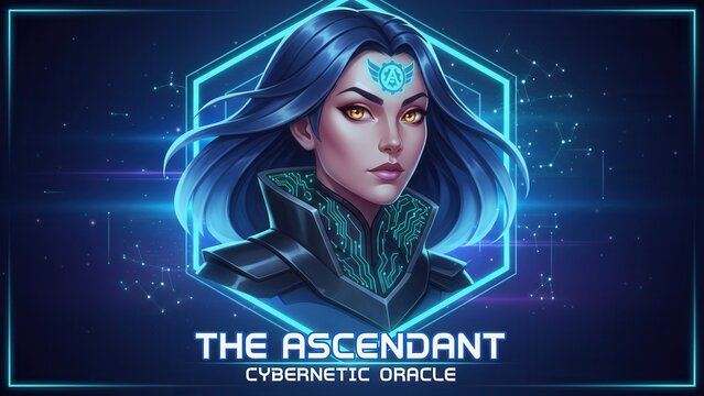Visionary cybernetic priestess in a sleek, illuminated hexadecimal interface