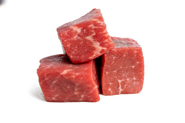 Photo of fresh slice beef in cube shape taken with a high-resolution camera using the focus-stacking technique on a white background.
