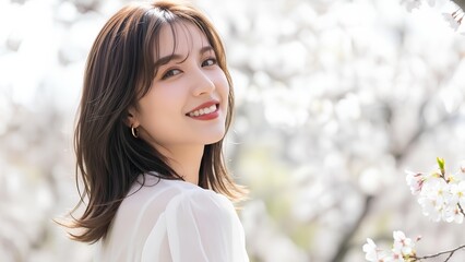 春の満開の桜の下で微笑む日本人女性のポートレート　