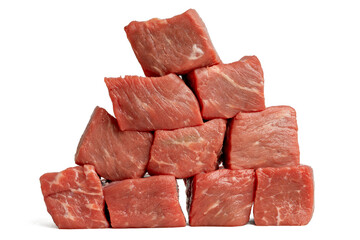 Photo of fresh slice beef in cube shape taken with a high-resolution camera using the focus-stacking technique on a white background.