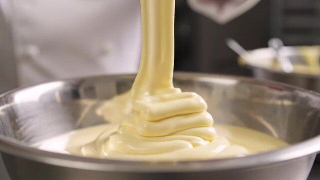 Chef pouring smooth yellow batter from a mixing container into a stainless steel bowl for baking