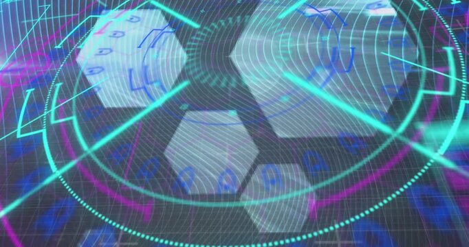 Animation of data processing, hexagons and neon circles on black background with lines