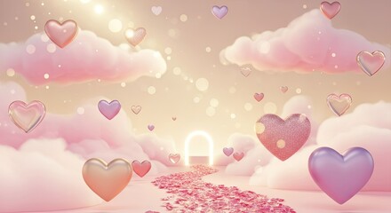 Hearts floating in clouds with open gate