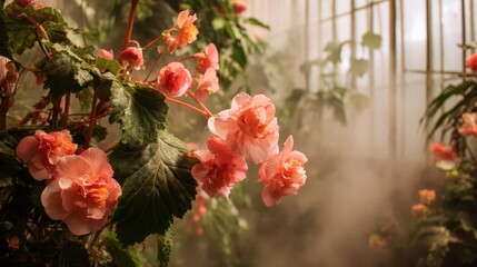 Delicate Peach Begonias in a Serene Greenhouse Environment