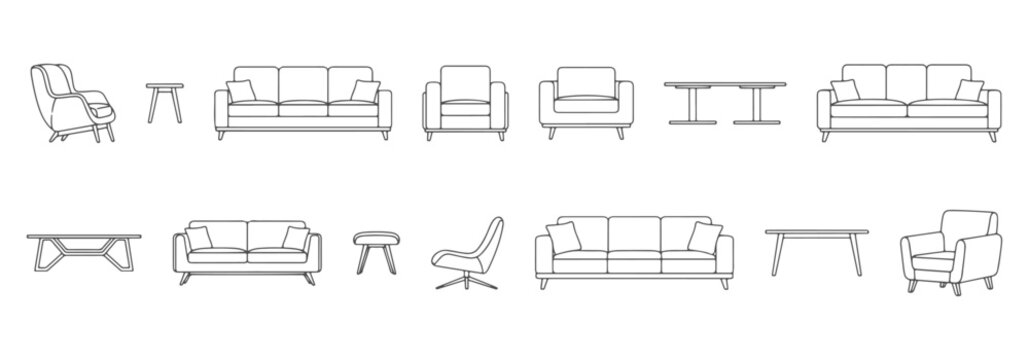 Architectural Drawings Modern furniture section view, furniture elements including chairs sofas tables and armchairs vector illustration, Top view, human person Minimal style hand drawn