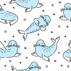 Vector pattern from a collection of cute hand-drawn seals in doodle style.