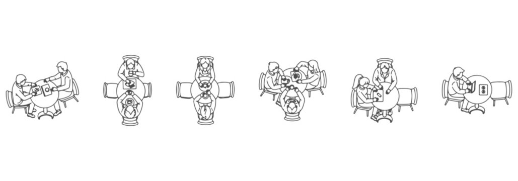 Architectural Drawings People sitting at cafe tables, drinking coffee eating chatting and working on laptops vector illustration, Top view, human person Minimal style hand drawn