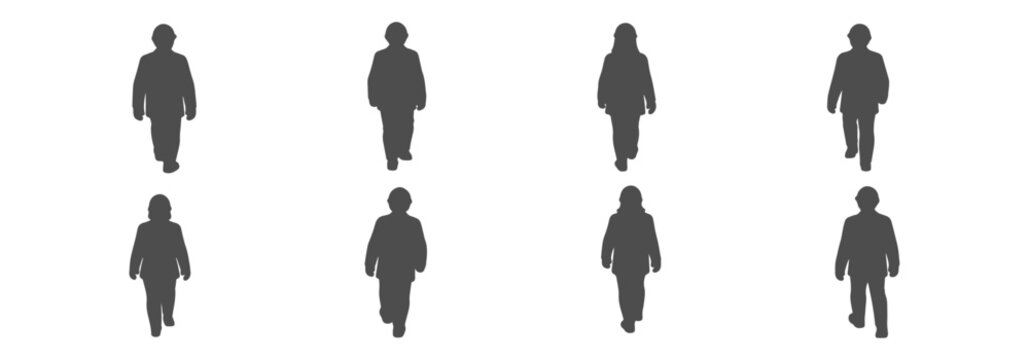 Architectural Drawings walking people back perspective silhouette, different walking directions vector illustration, Top view, human person Minimal style hand drawn