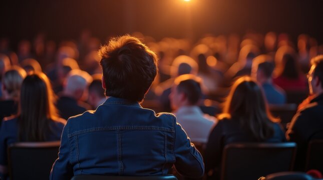 Audience members watching a presentation lecture or other event from their seats 
